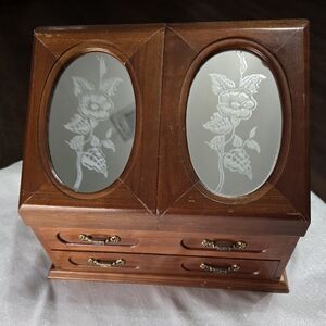 Vintage London Leather Large Wooden Jewelry Box with Etched Floral Mirrors